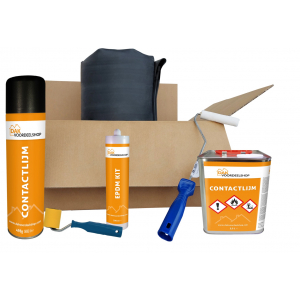 EPDM dakpakket 1,20 mm, 7,00 m breed; rol EPDM met contactlijm (spuitbus en blik), EPDM kit en rollers