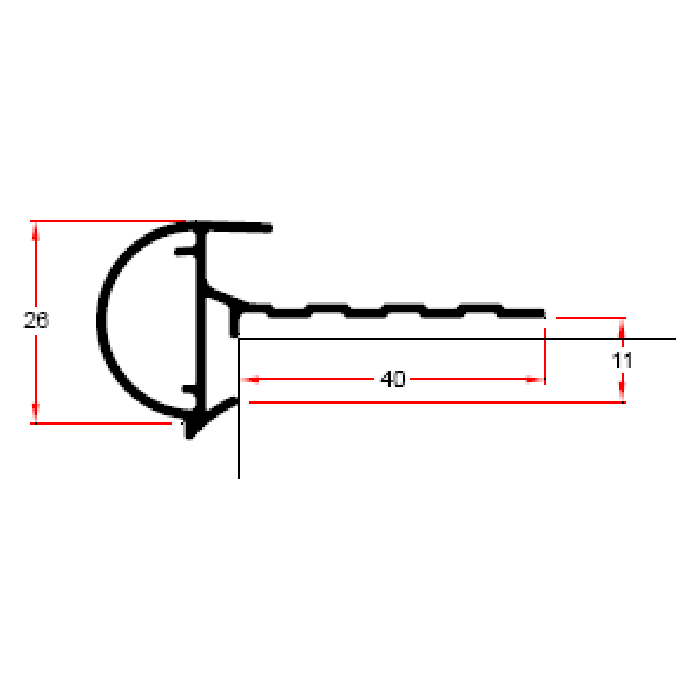 Aluminium Daktrim Kraal Zwart, RAL9005  26 x 40 x 2500mm